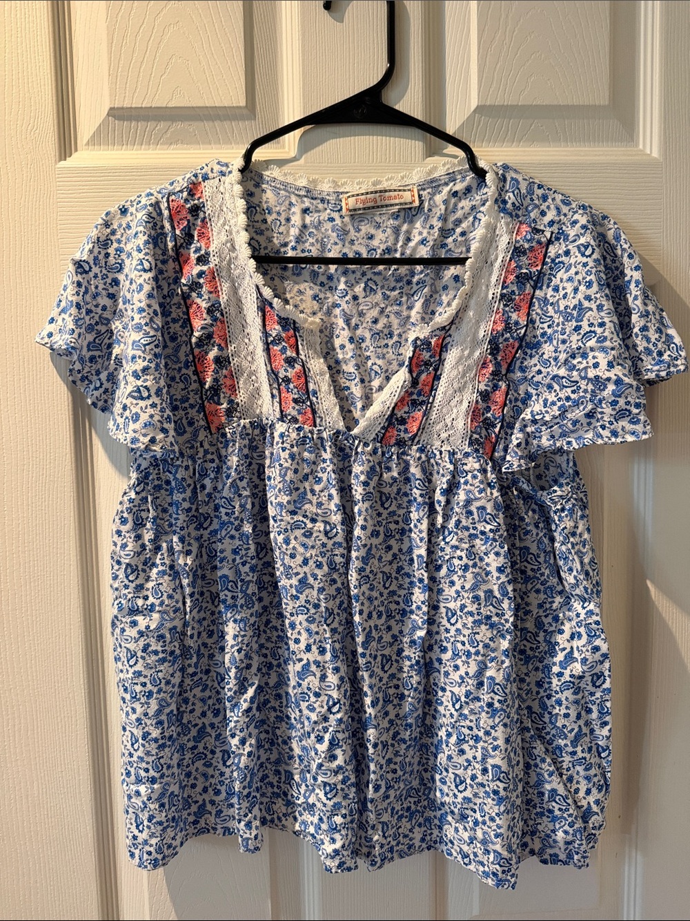 Flying Tomato Blue and Pink Floral Lace-Trim Blouse